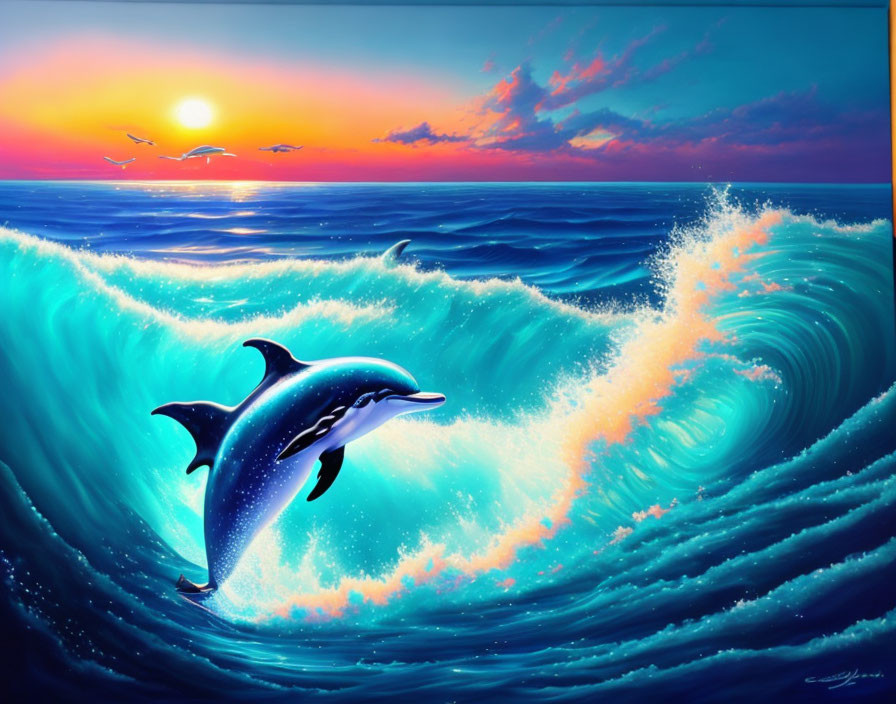 Colorful Dolphin Leaping from Blue Wave with Sunset Sky