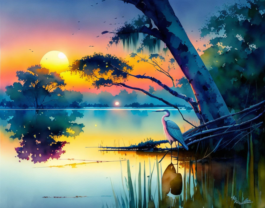 Serene lake at sunset with heron, colorful trees, and reflection