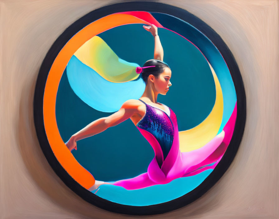 Colorful painting of female rhythmic gymnast with flowing ribbons in circular frame