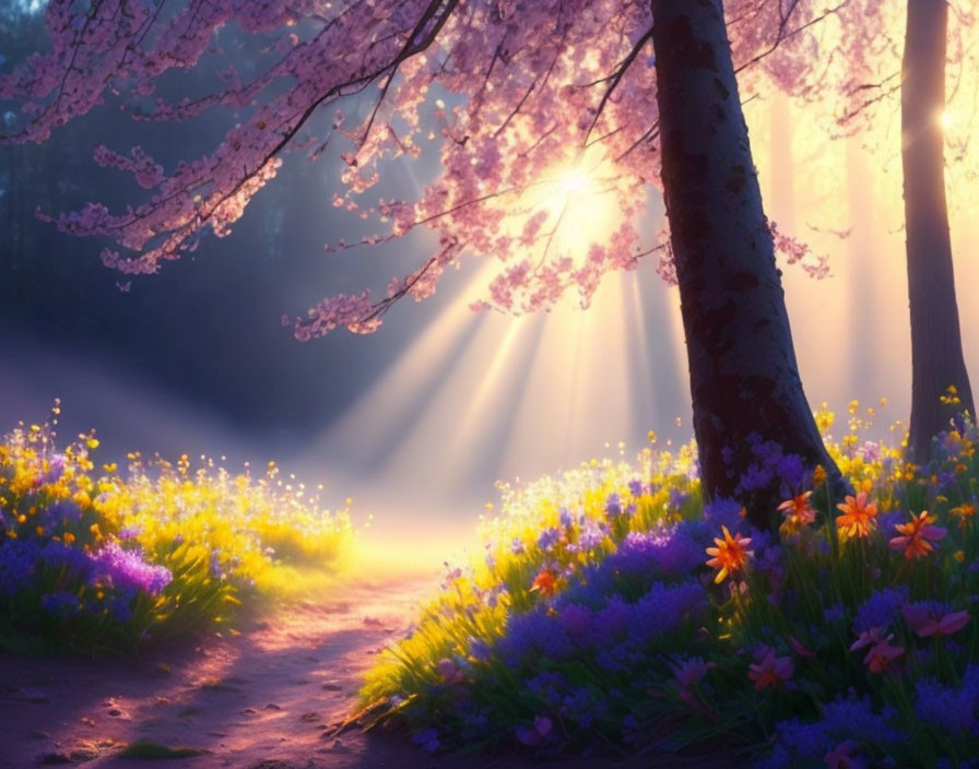 Dawn scene with sunlight, cherry blossoms, and wildflowers