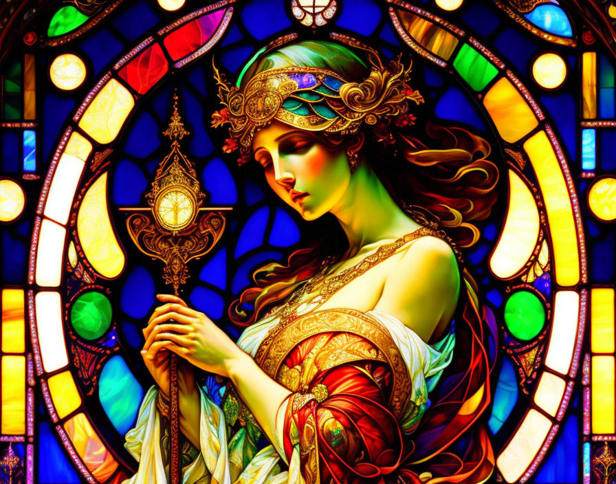 Colorful stained glass-style artwork of a woman with headdress and staff, clock motif.