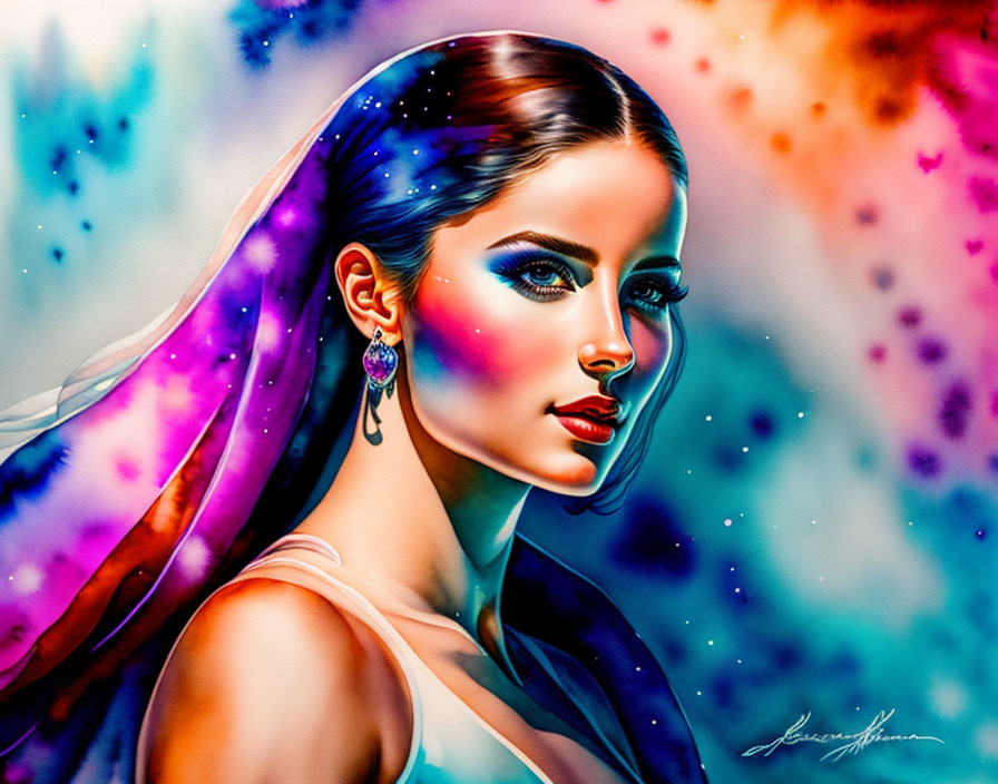 Colorful cosmic-themed digital artwork of a woman with vibrant makeup and background in rich blues and purp