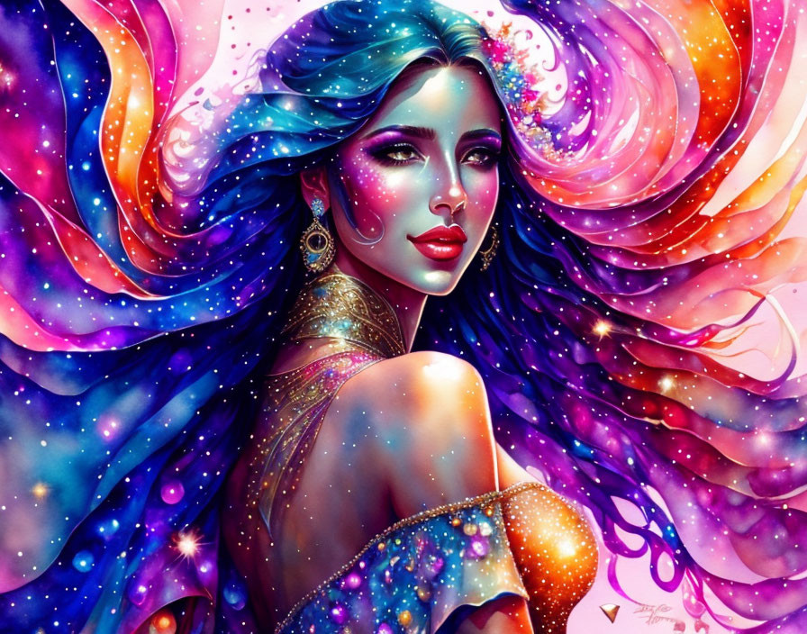 Colorful cosmic woman with star-filled hair and glittering details