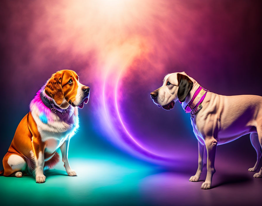 Colorful background with two dogs wearing decorative collars