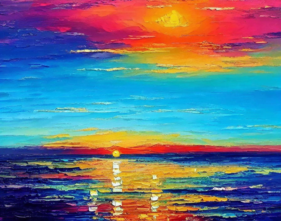 Colorful Sunset Painting with Blue, Red, and Yellow Hues Reflecting on Ocean