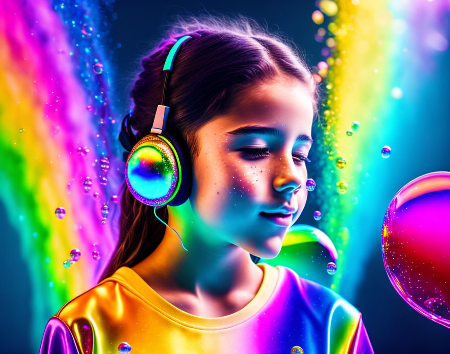 Young girl with closed eyes in vibrant headphones amidst colorful splashes and bubbles