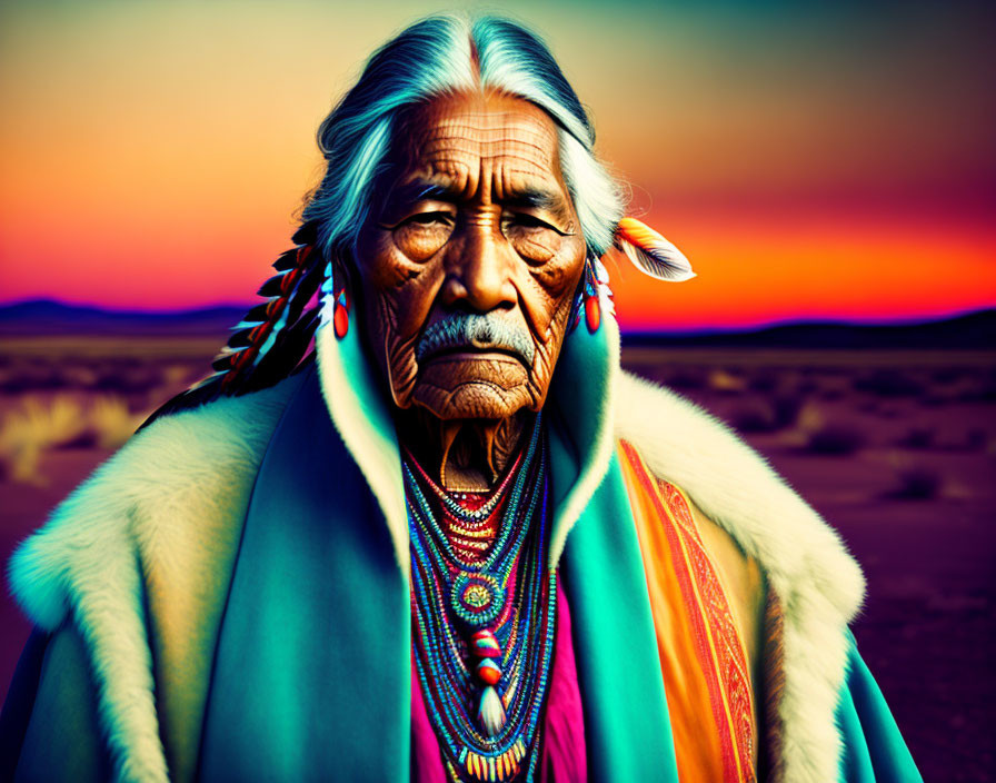 Elder in Native American attire with long white hair at sunset