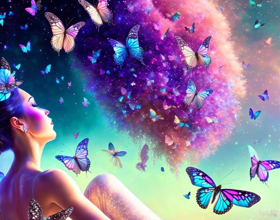 Woman admires cosmic swirl with butterflies in surreal colors