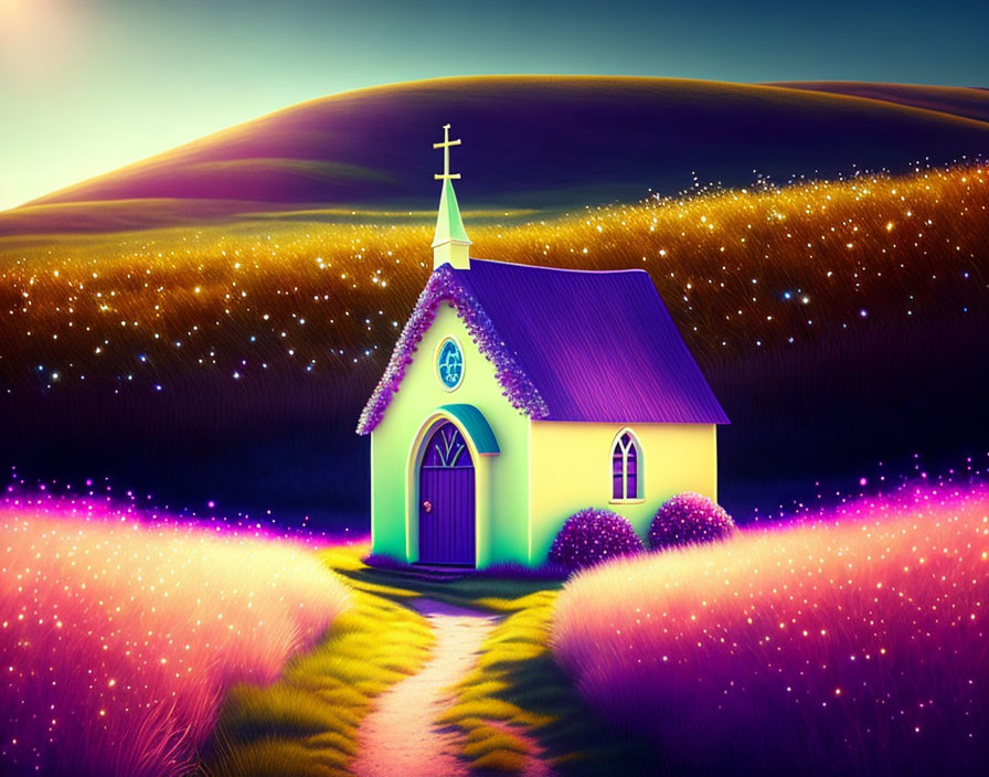 Whimsical church in vibrant dreamlike landscape