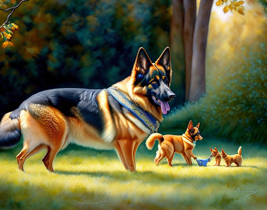 German Shepherd with Two Puppies in Sunlit Forest Clearing, One Drinking Water