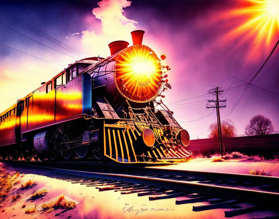 Vintage Steam Locomotive in Vibrant Colored Finish at Sunset