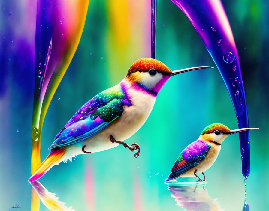 Colorful hummingbirds in iridescent raindrops on vibrant backdrop