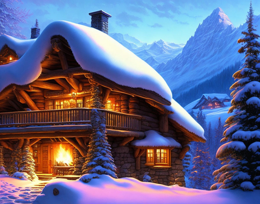 Snow-covered log cabin with fireplace in winter dusk landscape.