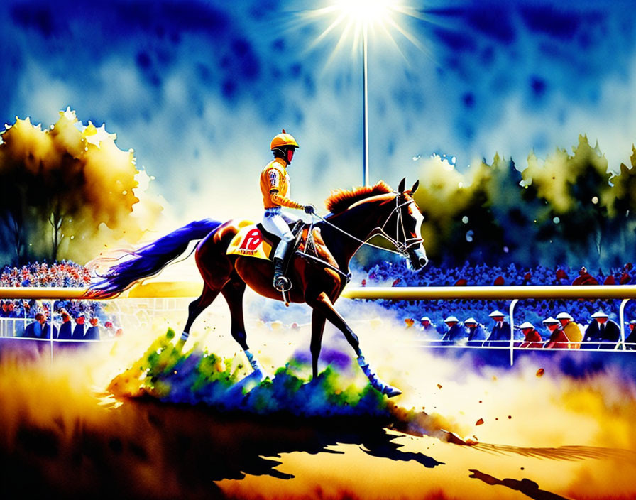 Jockey on horse races under bright lights and vivid background