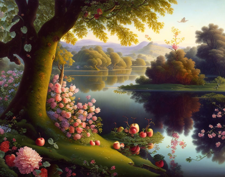 Tranquil lake scene with trees, flowers, apples, and bird