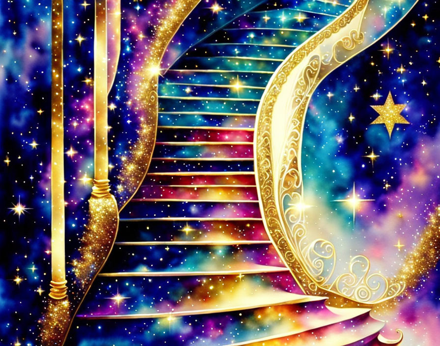 Vibrant fantasy stairway to starry night sky with golden accents