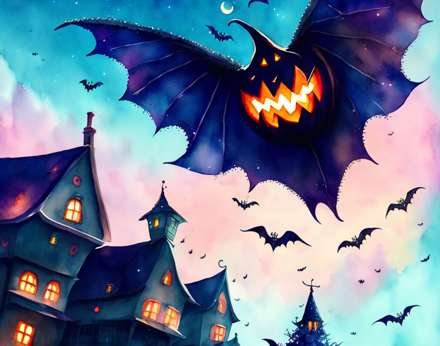 Detailed Halloween-themed illustration with menacing pumpkin, bat wings, spooky house, and twilight sky.