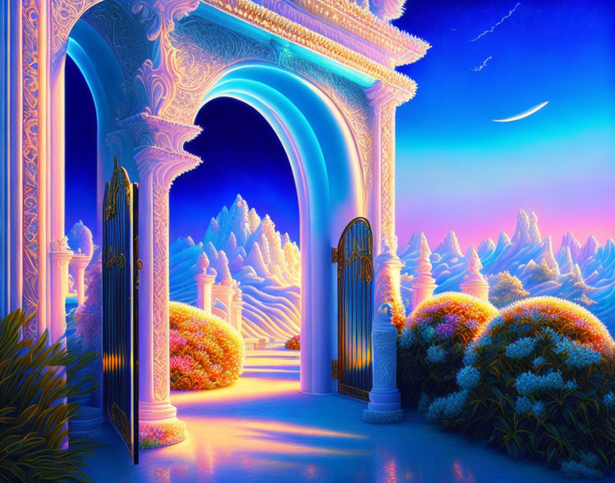 Ornate fantasy gate reveals vibrant mystical landscape