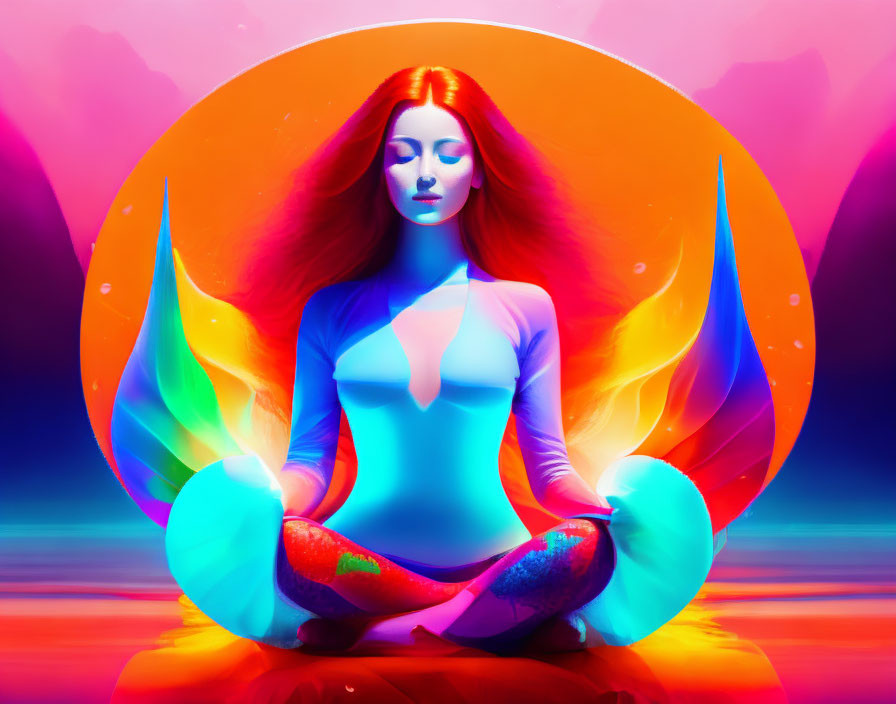 Vibrant digital artwork: Woman meditating with glowing aura amid flames