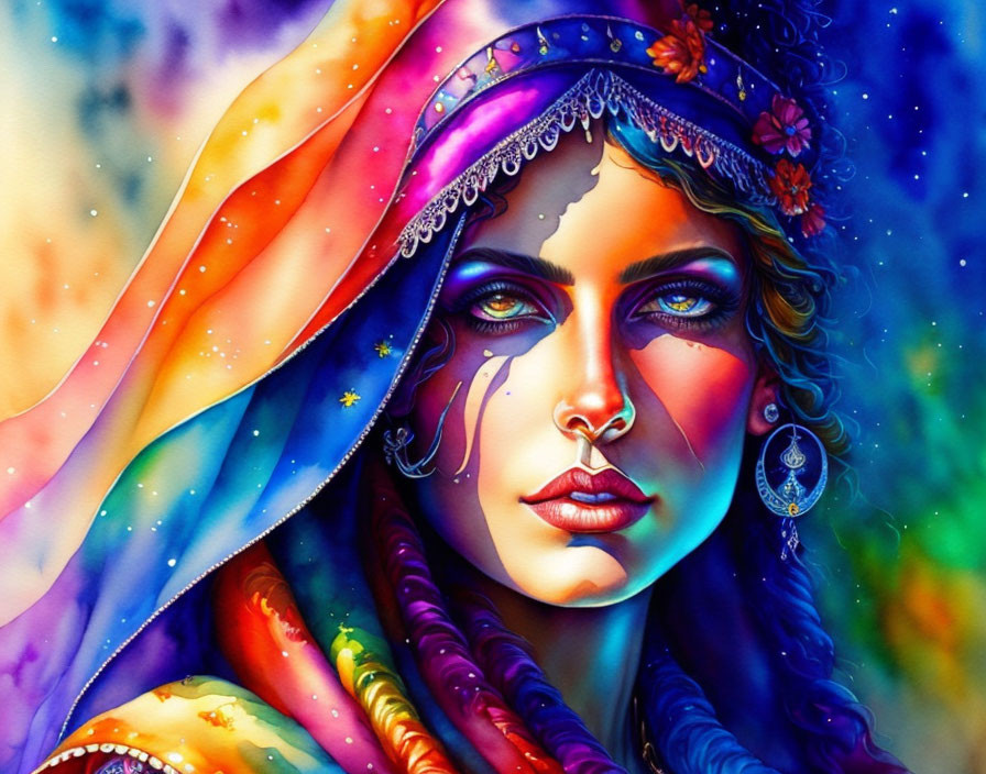 Colorful Portrait of Woman in Vibrant Attire and Jewelry with Mystical Background