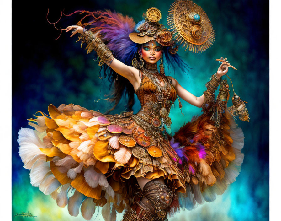 Colorful woman in feathered costume with headdress holding circular object on blue background.