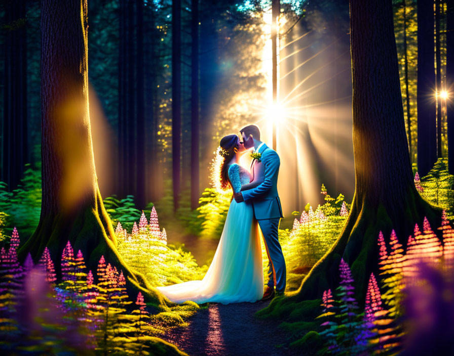 Wedding couple embraces in sunlit forest glade with purple flowers