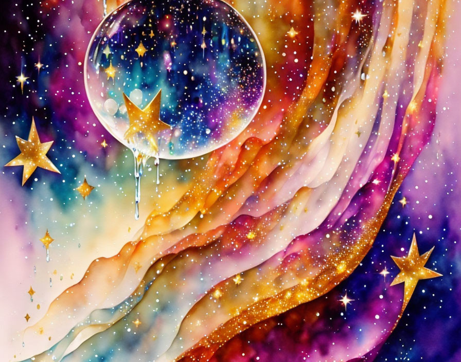 Colorful Watercolor Galaxy with Stars and Cosmic Bubble