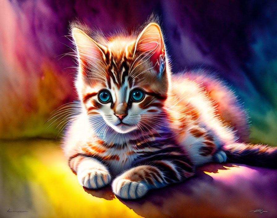 Colorful Digital Art: Wide-eyed Tabby Kitten on Vibrant Background