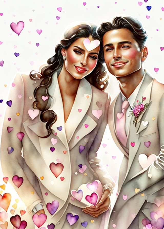 Smiling couple in elegant attire with floating hearts symbolizing love