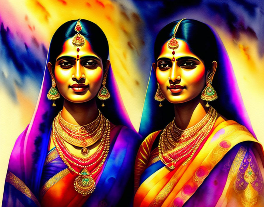 Colorful digital artwork: Two women in Indian attire with jewelry on fiery backdrop