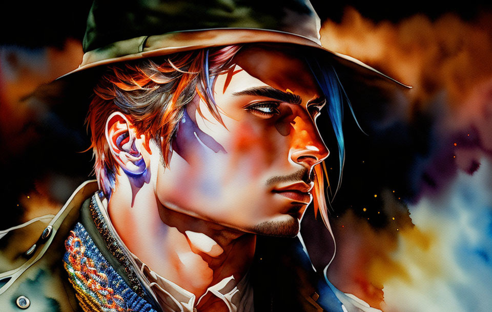 Colorful artwork of a man with a hat in dramatic lighting and dynamic background