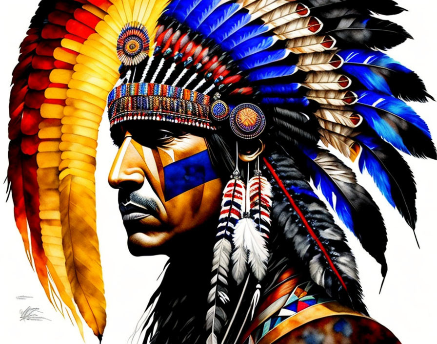 Colorful illustration of Native American chief with feather headdress & face paint