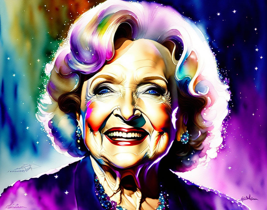 Vibrant digital art: elderly woman with colorful hair & bright smile