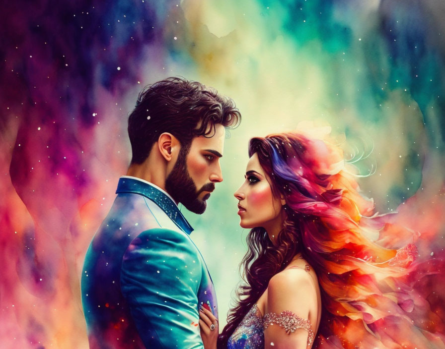 Vibrant man and woman in colorful nebula setting