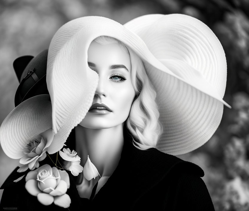 Monochrome portrait of a woman with striking makeup and elegant flower-adorned hat