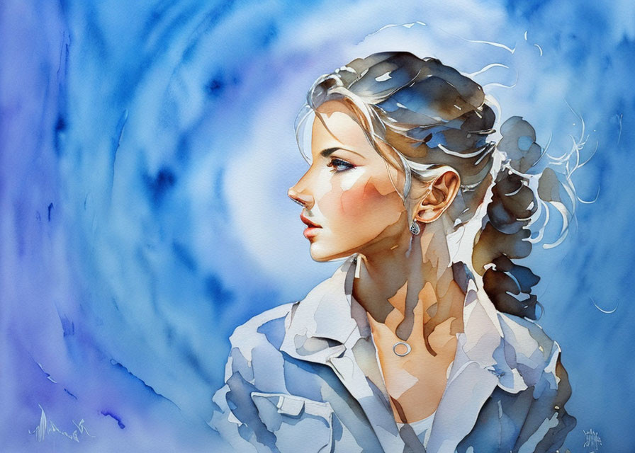 Woman with flowing hair in profile against blue splattered background