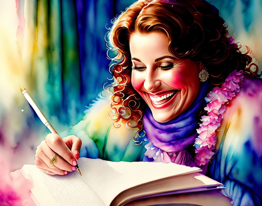 Colorful digital painting of smiling woman writing in journal