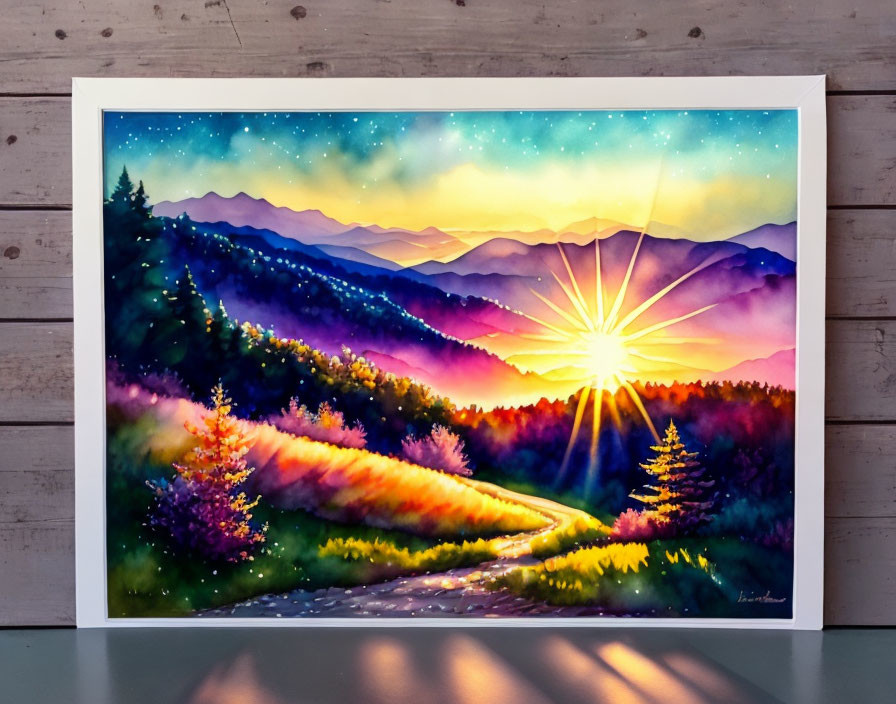 Scenic watercolor painting: sunrise over mountain landscape with path through flowers & pine trees