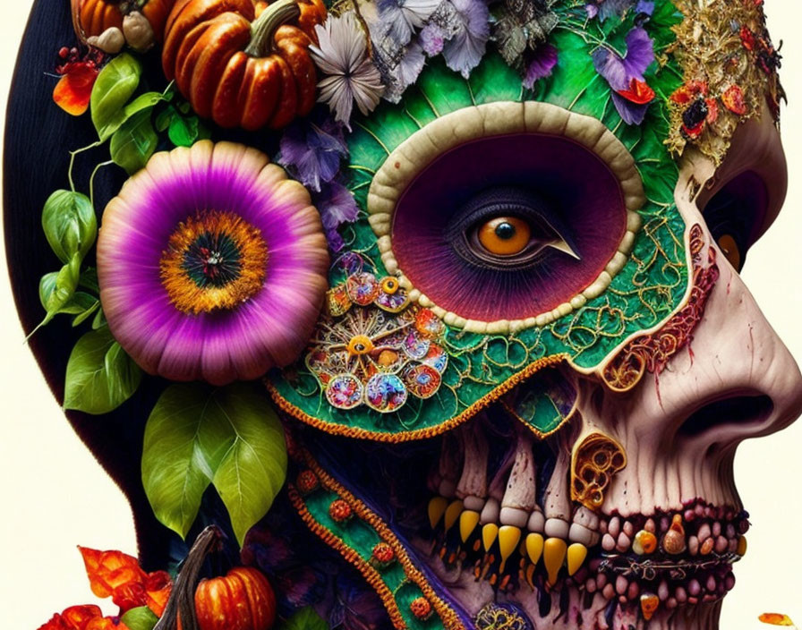 Skull with vibrant flowers, leaves, and pumpkin details symbolizing life and death.