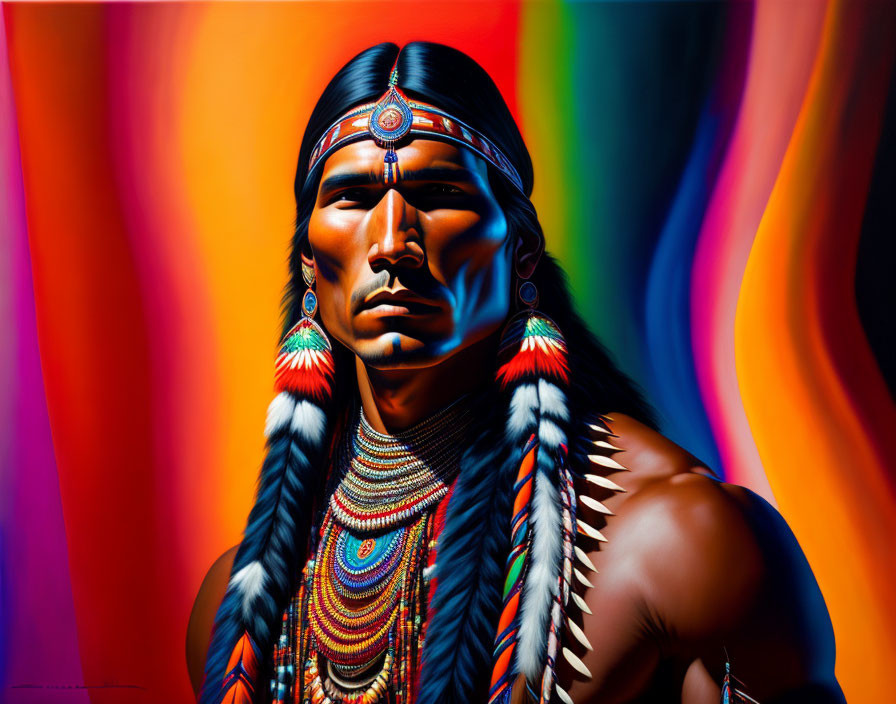 Colorful Painting of Native American Man in Traditional Attire