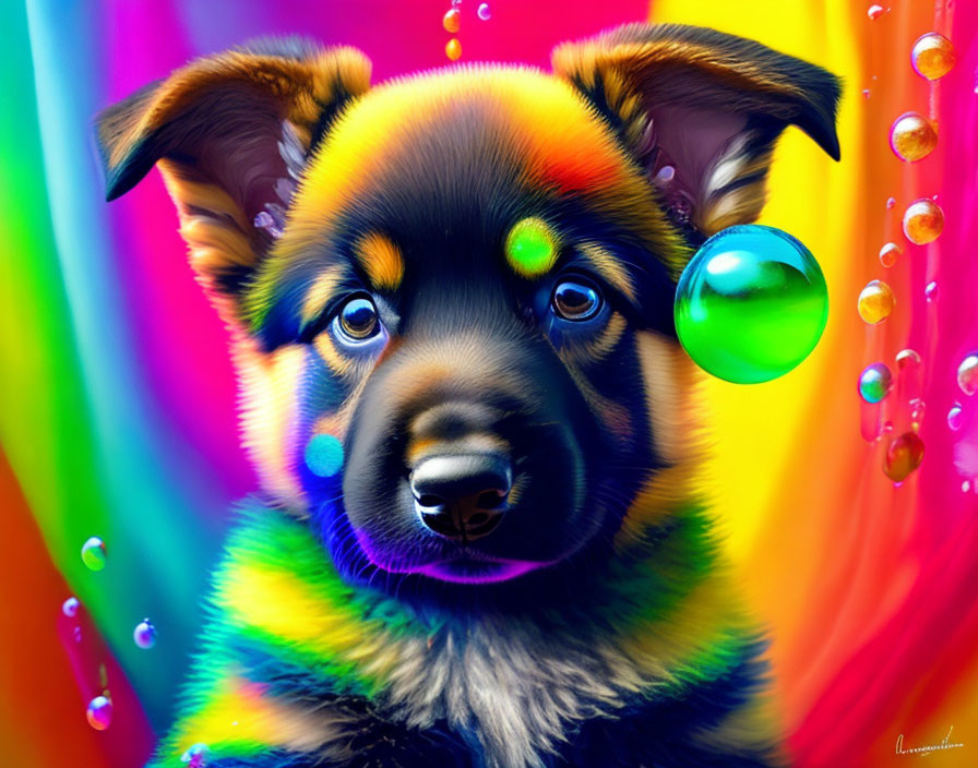 Colorful Digital Art: Puppy with Rainbow Hues and Bubbles