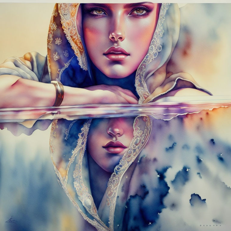 Woman in hijab with striking eyes reflected on water in realistic-abstract blend