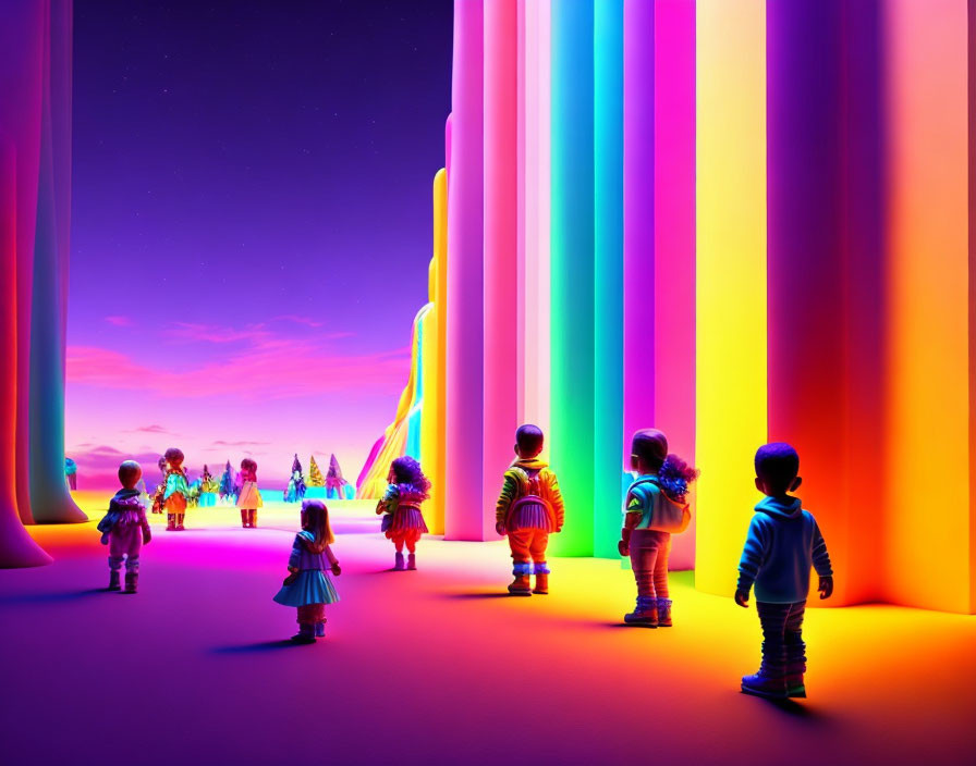 Vibrantly colored beams in surreal fantasy landscape