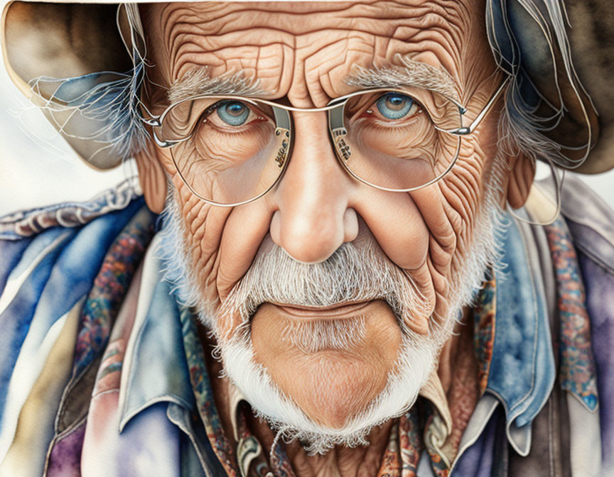 Elderly man with weathered face and blue eyes in round glasses and bandana