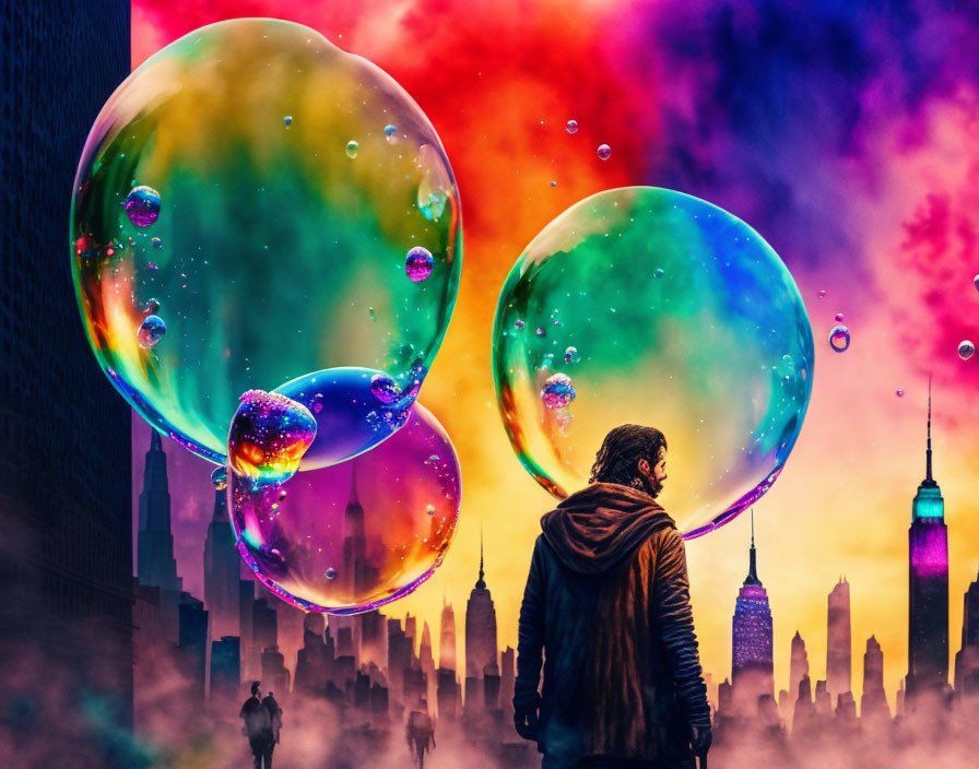 Colorful Skyline with Iridescent Bubbles and Dramatic Sky