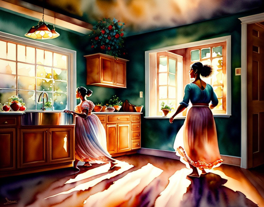 Two women in sunlit kitchen with vibrant colors and patterns.