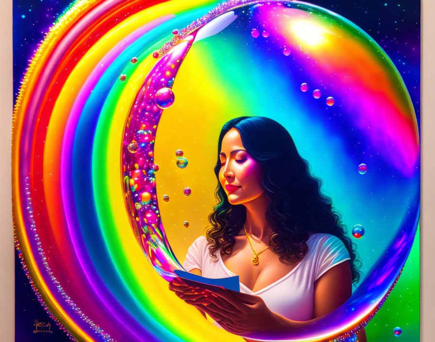 Woman reading book with colorful swirling aura and floating bubbles.