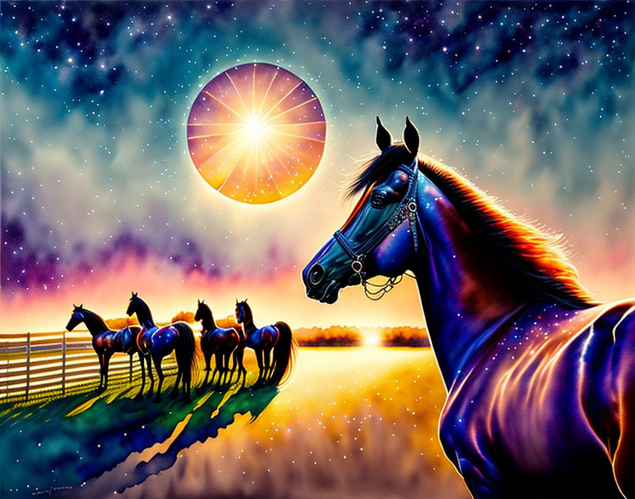 Colorful cosmic horse art with starry body and sun, horses and fence in twilight.