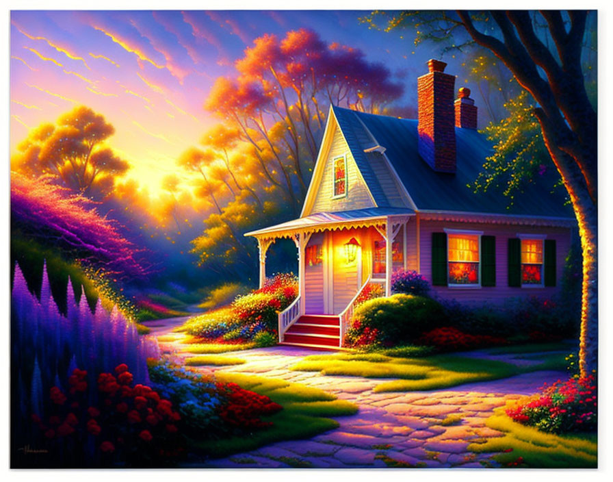 Charming cottage with glowing windows in garden setting at sunset