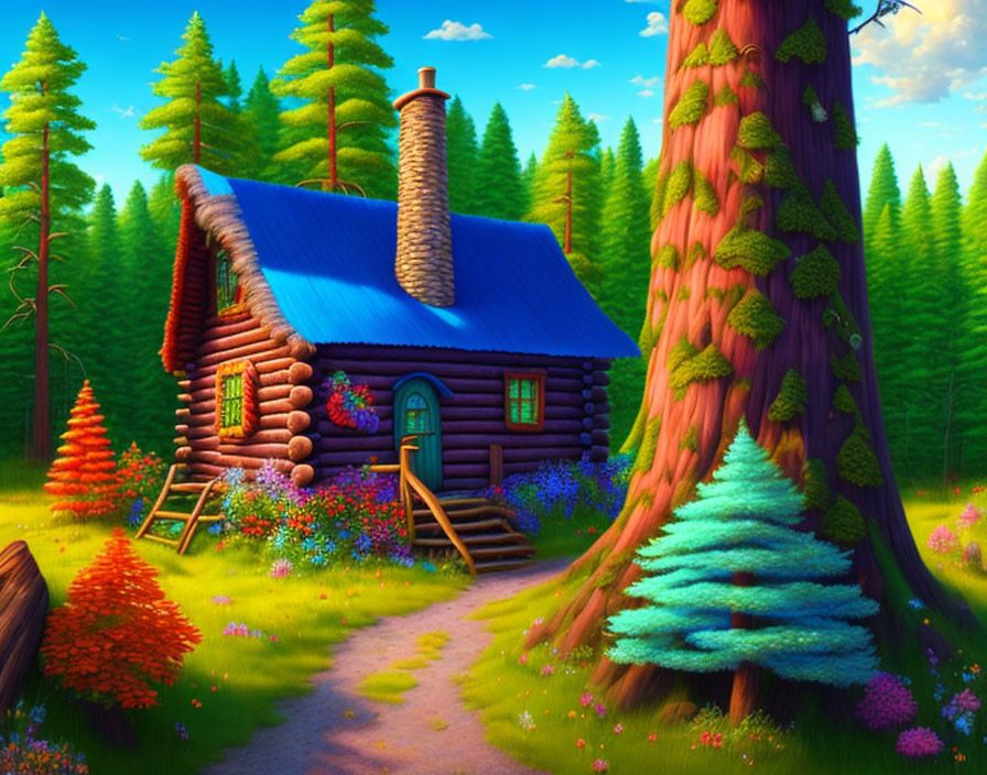 Colorful Log Cabin Surrounded by Vibrant Forest Scene